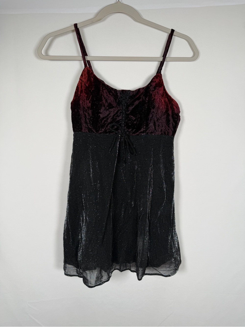 Y2K Whimsigoth Fairygrunge Velvet Burgundy and Black Sparkle Babydoll Top